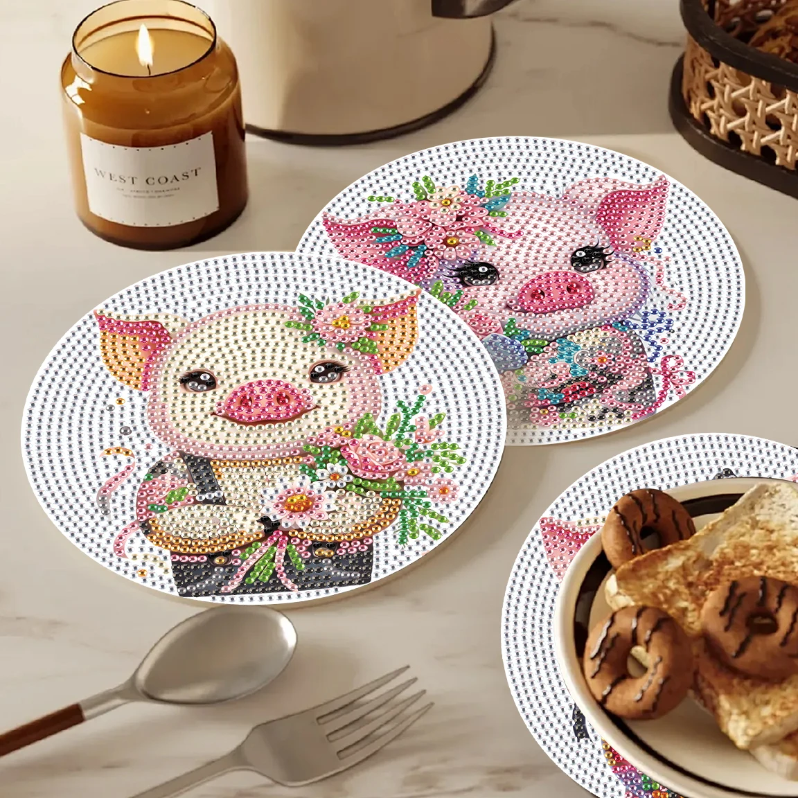 3 قطع الماس الفن اللوحة تحديد الموقع أطقم، DIY الوردي خنزير الماس جولة مكان الحصير الحرفية الجدول الحصير الجدول المطبخ للمنزل ديكور هدية