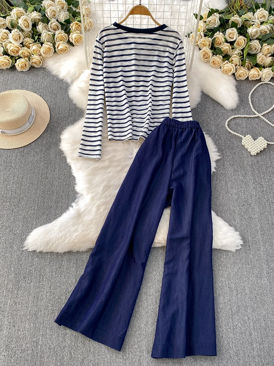 Faionable Koreaanse Sle Dames Gebreide Set Ronde Ne T-shirt En Hoge Taille Wijde Pijpen Broek Gestreept Casual Loose Fit pak