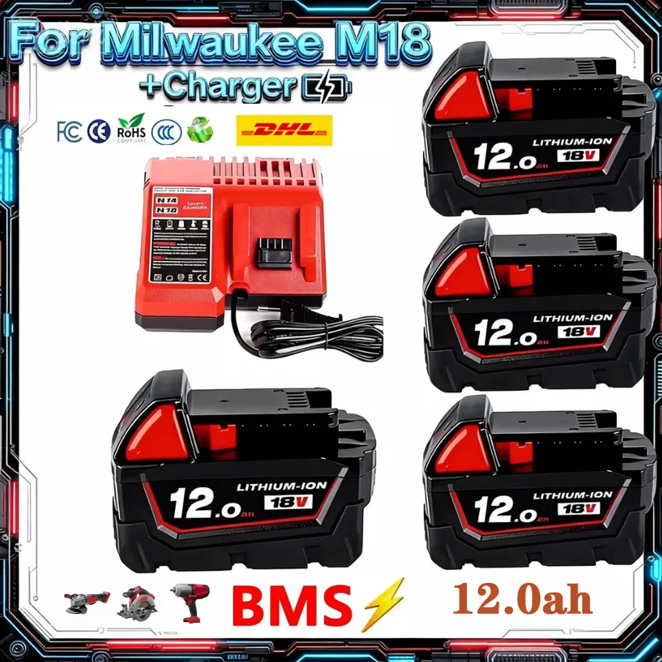 6.0Ah/9.0Ah/12.0Ah Voor Milwaukee M18 18V Vervanging Voor Milwaukee M18B5 XC Li-ion batterij 48-11-1815 2604-20 48-11-1850 oplader - afbeelding 2