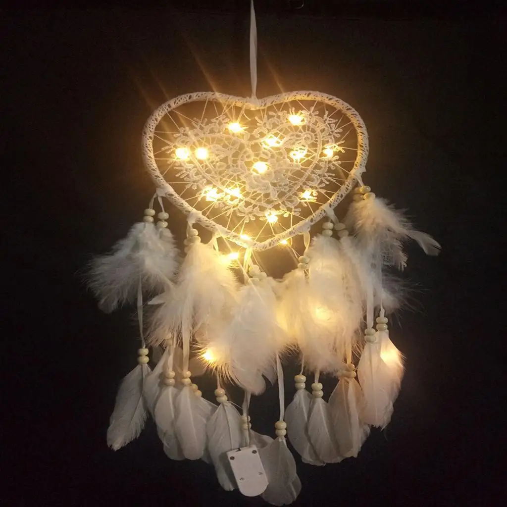 Handmade Heart Feathers Dream Catcher Night Light Art แขวนผนังตกแต่งรถ