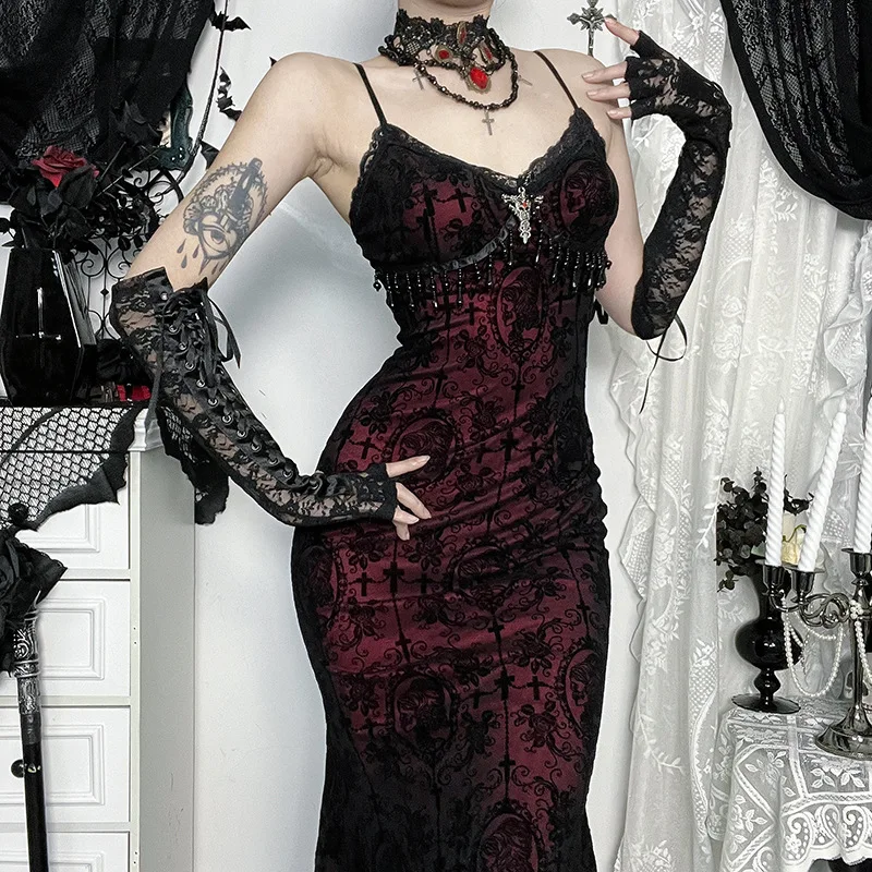 Dunkler Gothic-Stil, Y2k-beflocktes Leibchenkleid, 2023, Sommer, neue sexy Abendparty-Outfits, heißes Mädchen, schlanke Mode, lange Kleider für Damen