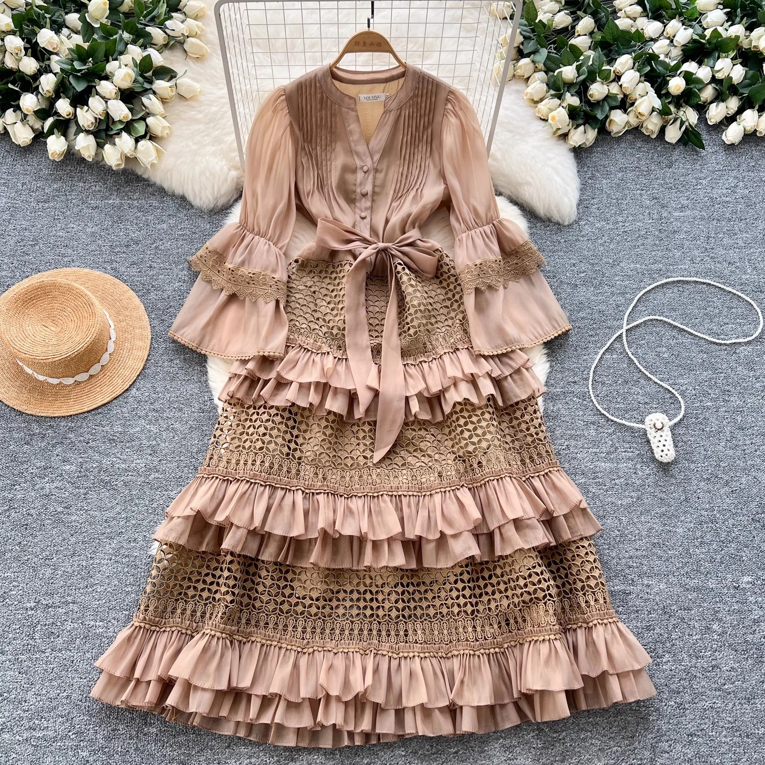 French Runway Spring Hollow Out Lace Patchwork Ruffled Long Dress Vintage Women V Neck Flare Sleeve High Waist Belt Loose Dress