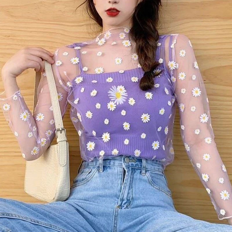 Sexy Lace Daisy T Shirt Transparent Mesh Ladies Tops  Women Long Sleeve Bottoming Shirts See-Through Turtleneck Sunscreen Tops