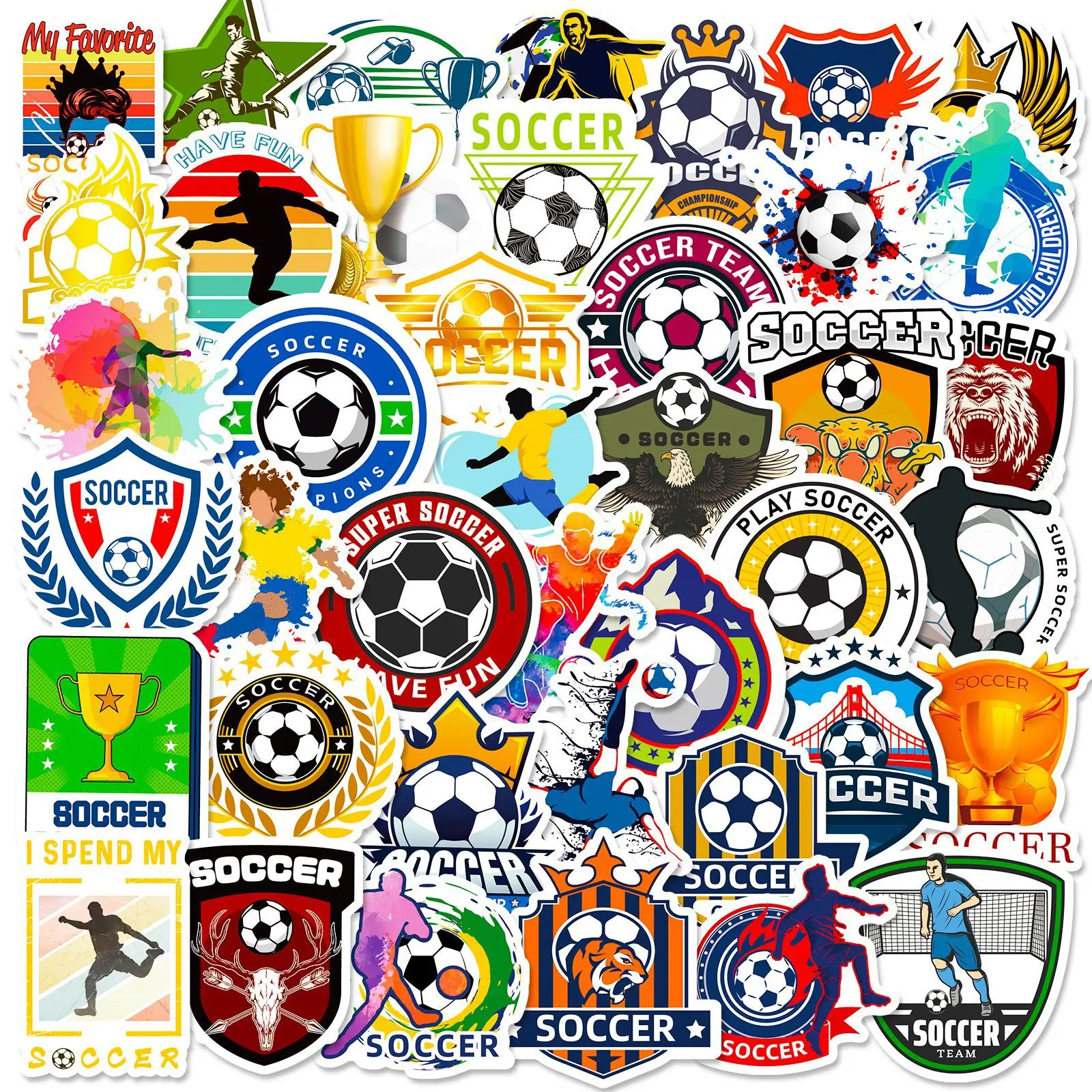 50PCS Vinyl Waterproof Stickers, Sports Football Fans Stickers for Water Bottle Luggage Laptop, Soccer Stickers for Boys Gift