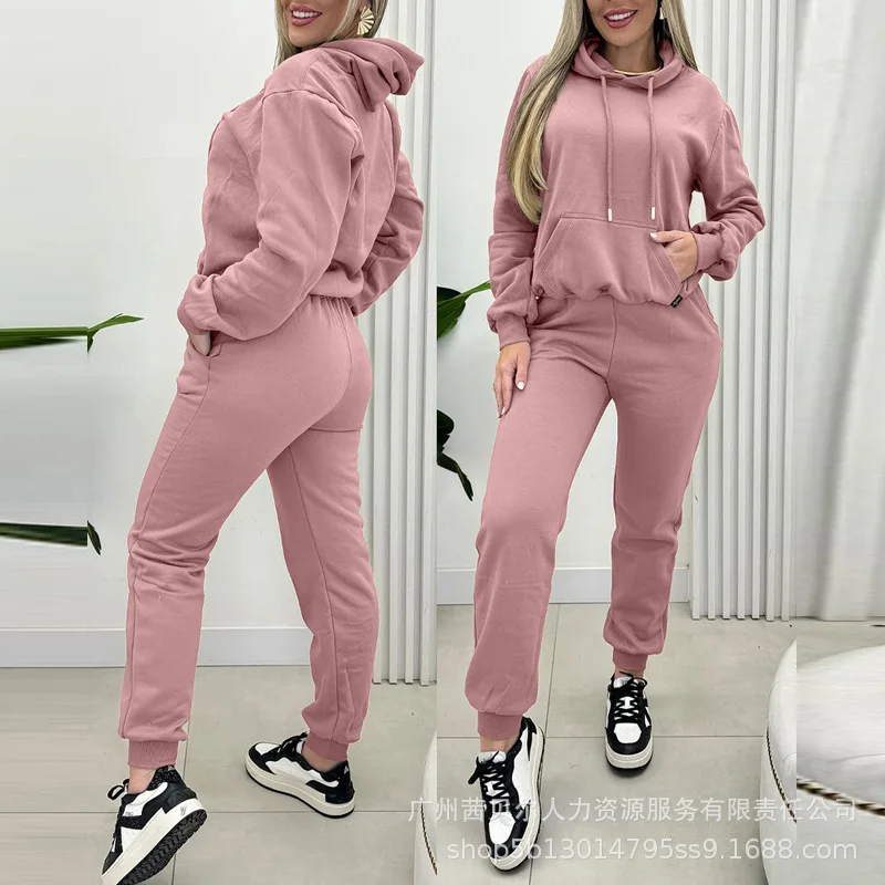 Mandylandy Kangaroo Pocket Hoodie & Cuffed Sweatpants Set Leisure Warm Sports Hooded Pullovers Tops Skinny Pants Outfits Sets