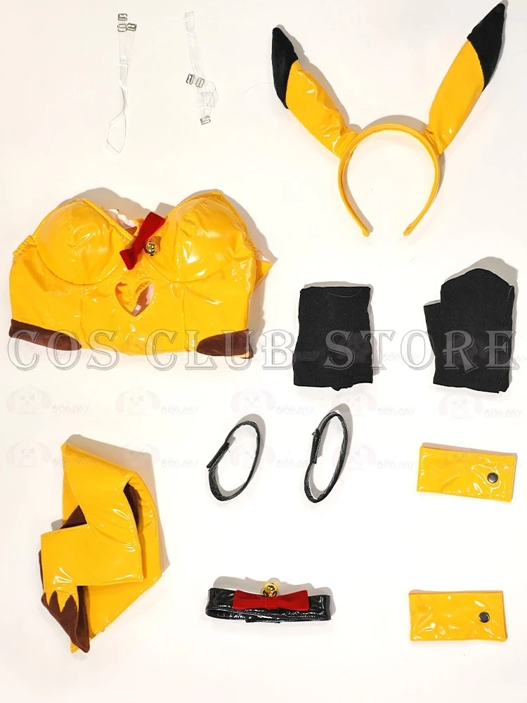 Anime Pi Ka Chu Yellow PU Cosplay Costume Women\'s Dress Bunny Lingerie Cos Bright Leather Tight Yellow Cute Nightclub Halloween