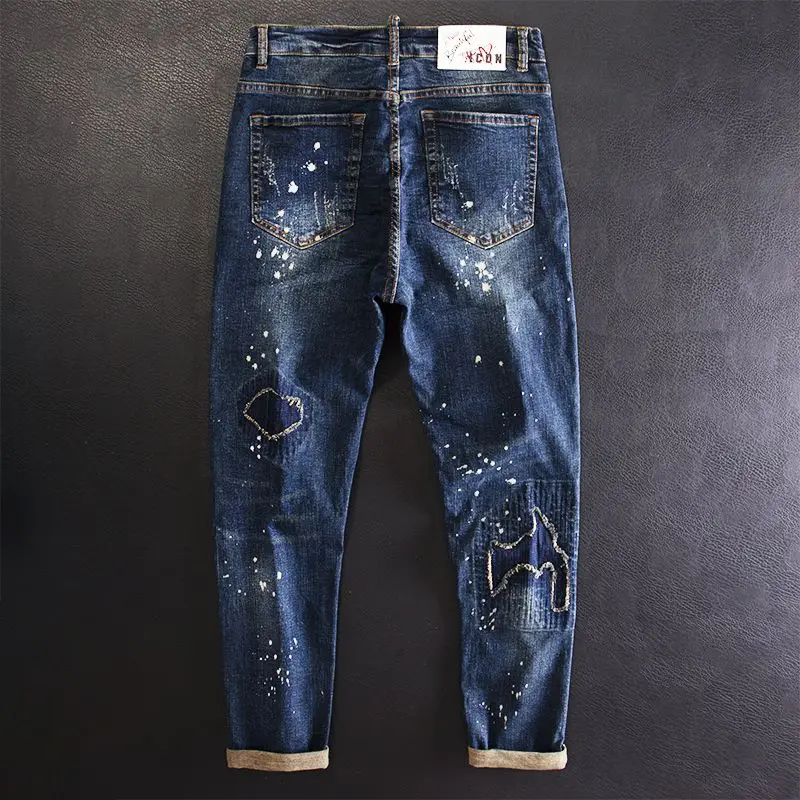 Jeans for Men Cropped Ripped Tapered Male Cowboy Pants with Holes Trousers Broken Torn 90s Streetwear Clothes Y2k 2000s Casual