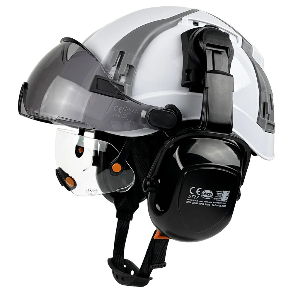 CE ANSI Safety Helmet With Earmuffs Double Visor Tinted Clear Goggles Vented Construction Hard Hat Work Protective Cap