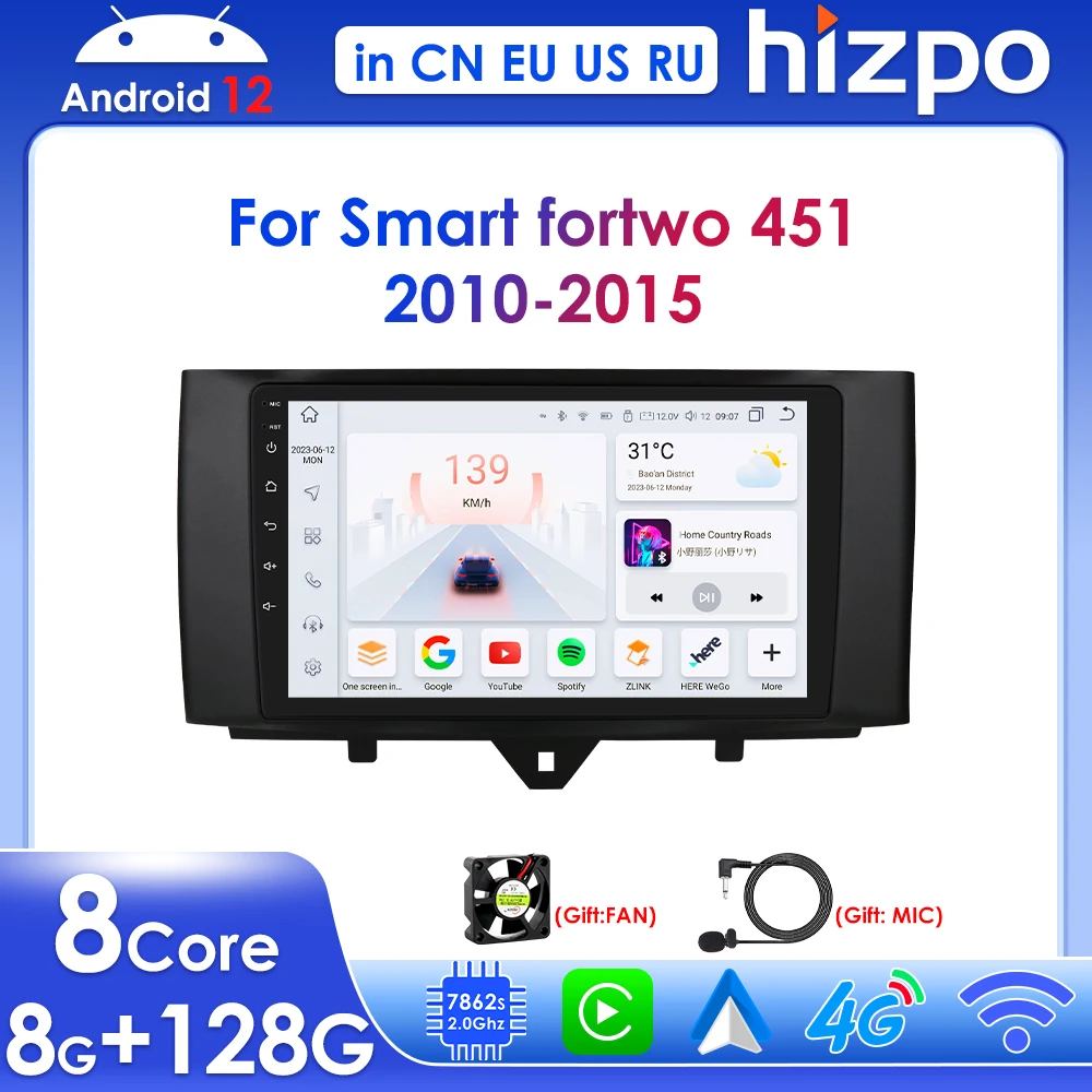 Hizpo Wireless Carplay for Mercedes Benz Smart Fortwo 451 2010-2015 Android Car Multimedia Player Stereo GPS DSP Autoradio 2 Din