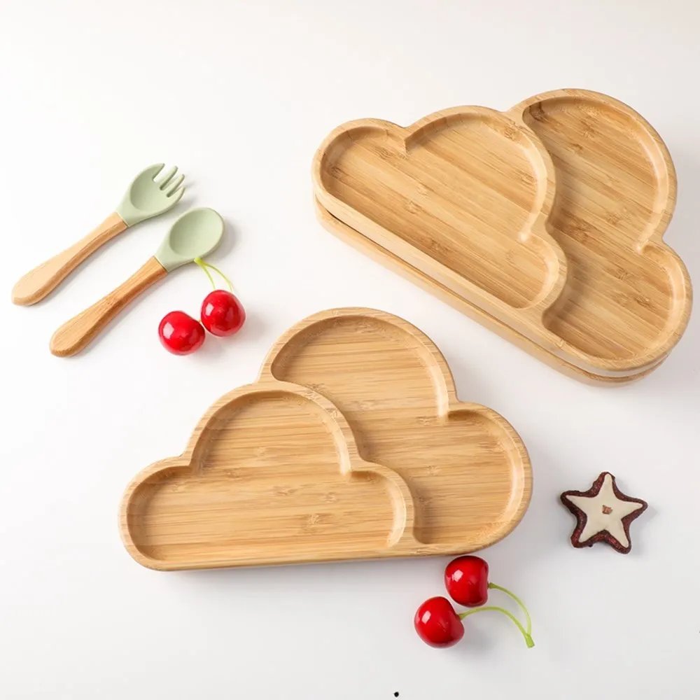 1Set Baby Feeding Cartoon Cloud Bamboo Dinner Plate Silicone Suction Cup Wooden Spoon Baby Can Adsorb Tableware Gift For Newbaby