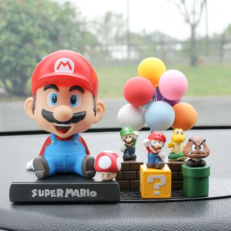 Super Mario Anime Action Figure Cute Car Center Console Ornament Shake Head Doll Model Decoration Toys Auto Interior Accessories