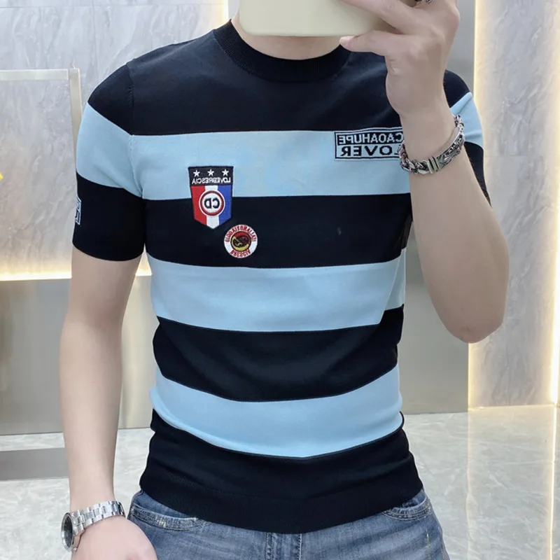 2023Tee Shirt Homme Personalized Striped Contrast Heat Drill Slim Fit Elastic Ice Silk Short Sleeve T-shirt Round Neck MenTshirt