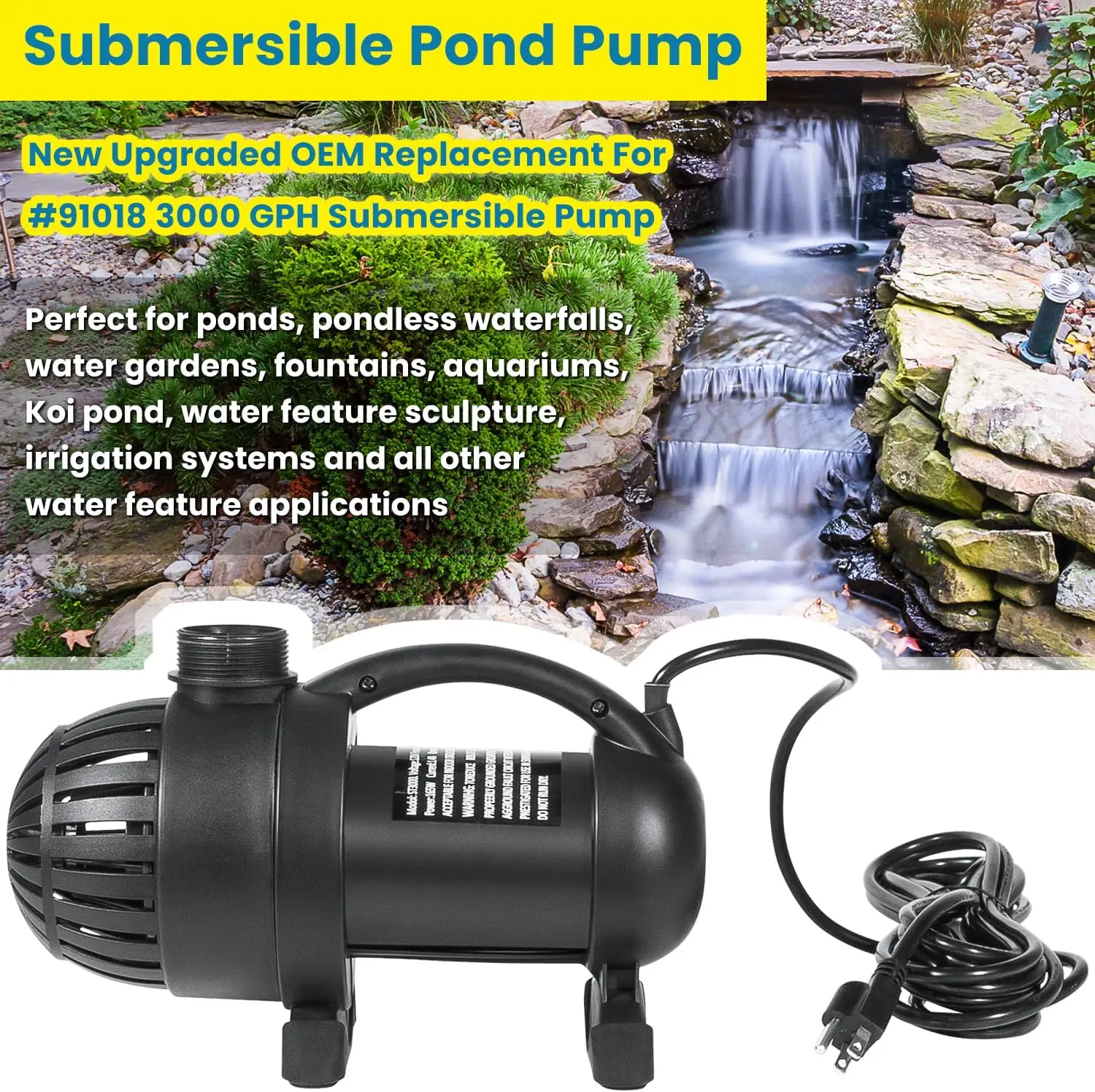 91018 3000 GPH Submersible Water Pump for Pond Waterfall Fountain Hydroponics Aquarium Skimmers Filter System Fish Tank Koi Pool