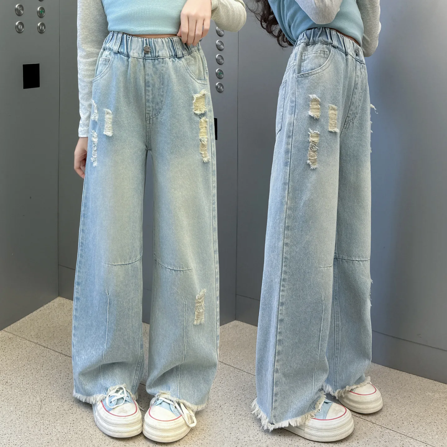 

Kids Girls Autumn Denim Pant Simple Solid Children Girls Ripped Trousers High Waist Versatile Teenager Girls Straight Leg Pant
