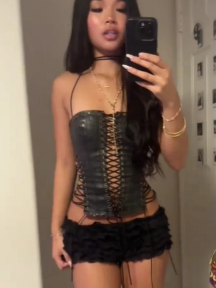 

Sexy Vintage Punk Leather Top Lace Up Halter Tank Vest Low Neck Backless Party Crop Tops 2026 New Lady Y2k High Street Wears