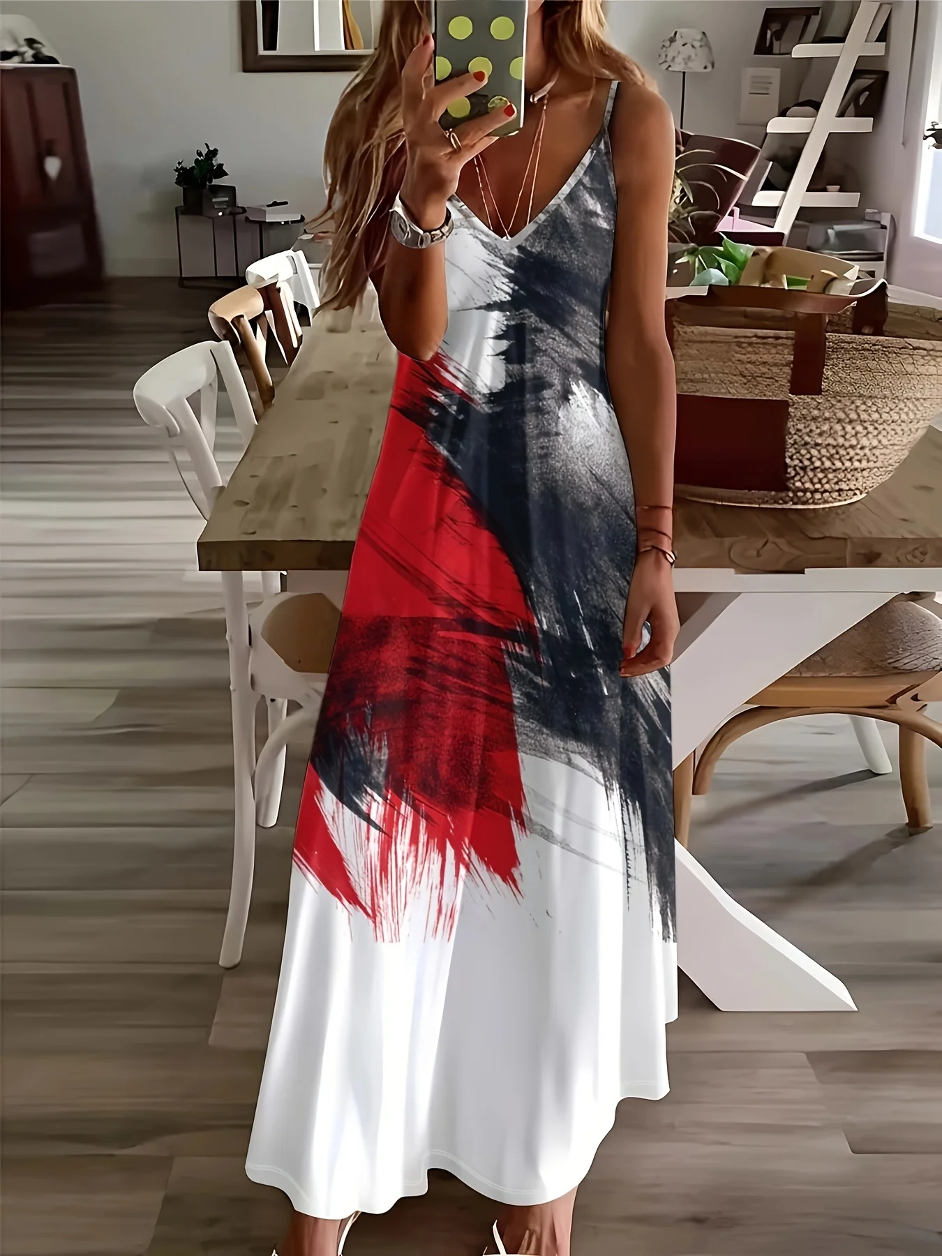 Rot-Schwarzes Tropisches Druck-Sommerkleid für Damen Urlaubsstil Ärmelloses Sommerkleid Fließendes Maxikleid Lässiges Strand-Party-Outfit