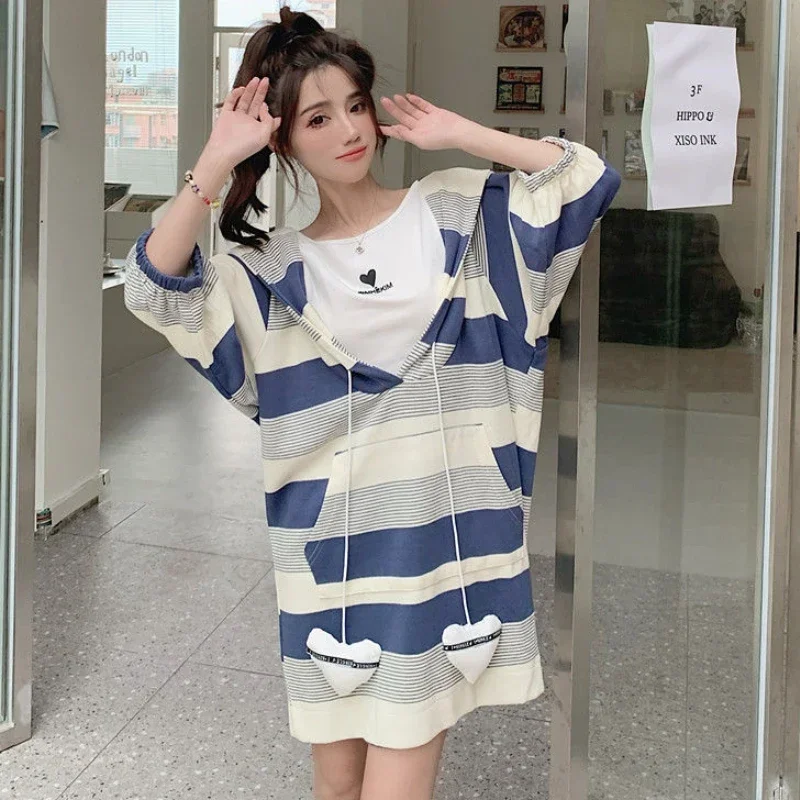 L-4XL Hooded Dresses Women Baggy Preppy Girlish Korean Fashion Clothes Fake Two Piece Sweet Kawaii Vestidos Cozy Temper Striped