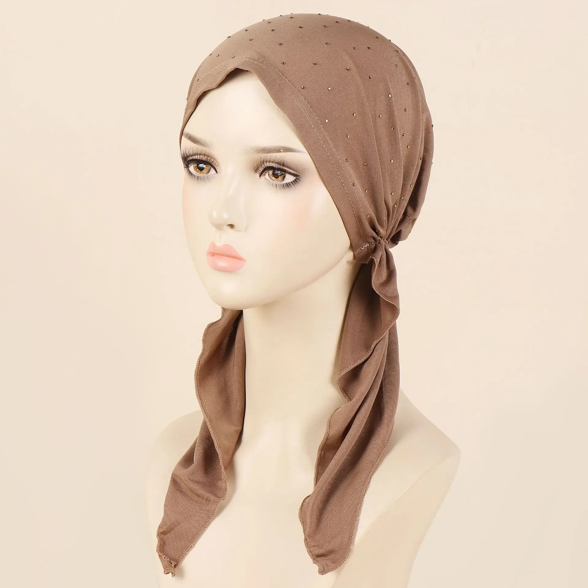 Vrouwen Pre-Gebonden Hoed Strass Moslim Innerlijke Hijab Hoofddoek Lange Staart Haaruitval Chemo Cap Motorkap Bandana Hoofdband Turbante mujer