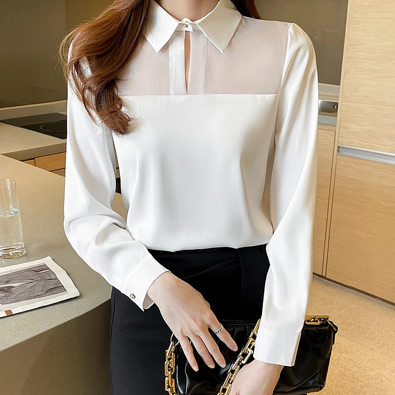 2022 New Spring White Shirt Long Sleeve Chiffon Careful Mesh New Blouse Women Tops Ladies Gauze Blusas Elegantes De Mujer 2780