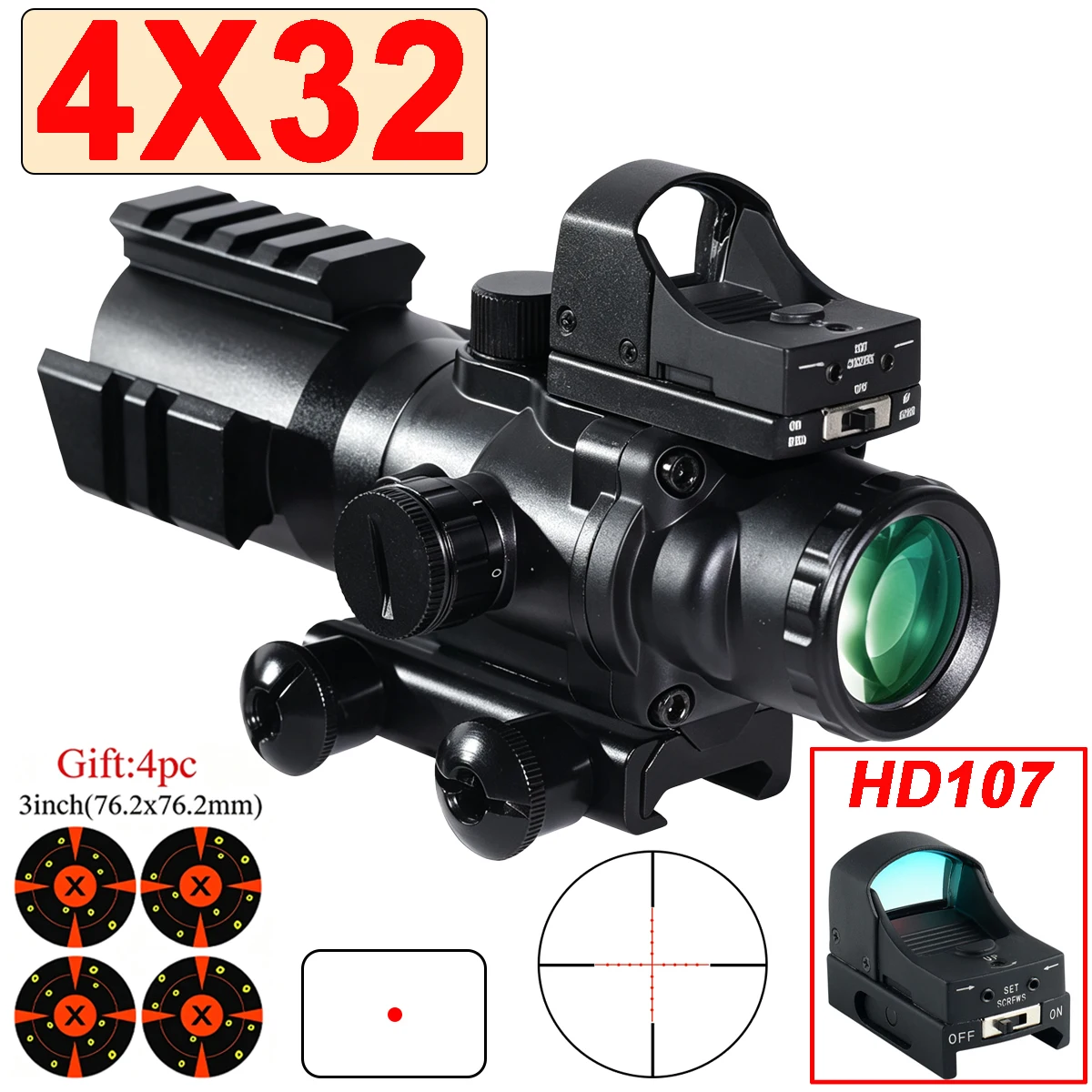 4x32 HD107 Compact Tactical Optics Set Illuminated Sight Adjustable Brightness Fit 20mm Rail Airsoft Outdoor Shooting Gear