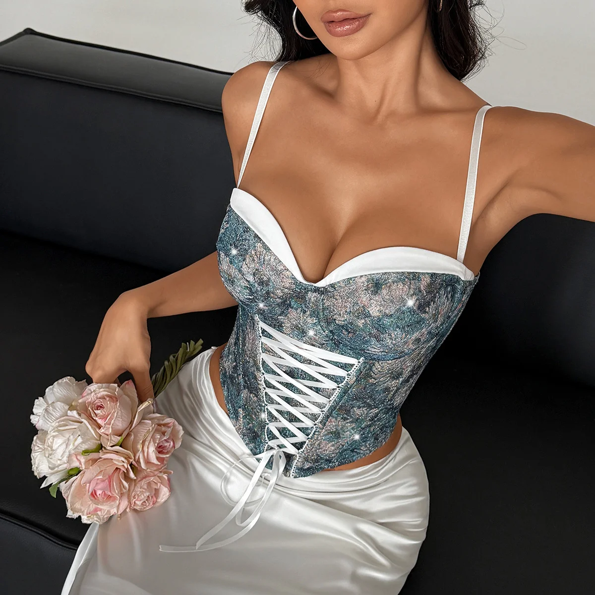 Vintage Floral Jacquard Corset Top Contrast Color Patchwork Push Up Fishbone Bustier Front Back Criss Cross Bandage Club Camis