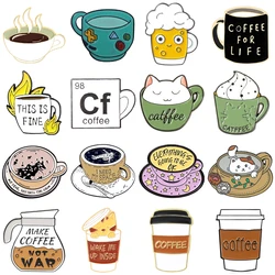 Creative Animal Cat Coffee Cup Enamel Pins Landscape Bottle Coffee Pot Water Cup Heart Alloy Brooch Badge Woman Jewelry Gift