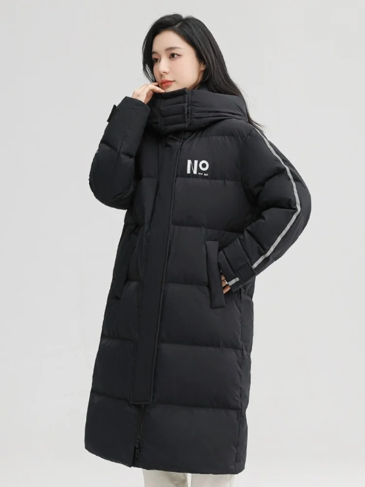 Long Hooded Parka Line Patchwork Down Jacket for Women, Letter Prints Jackets, Warm Loose Coats, Female Fashion, Winter