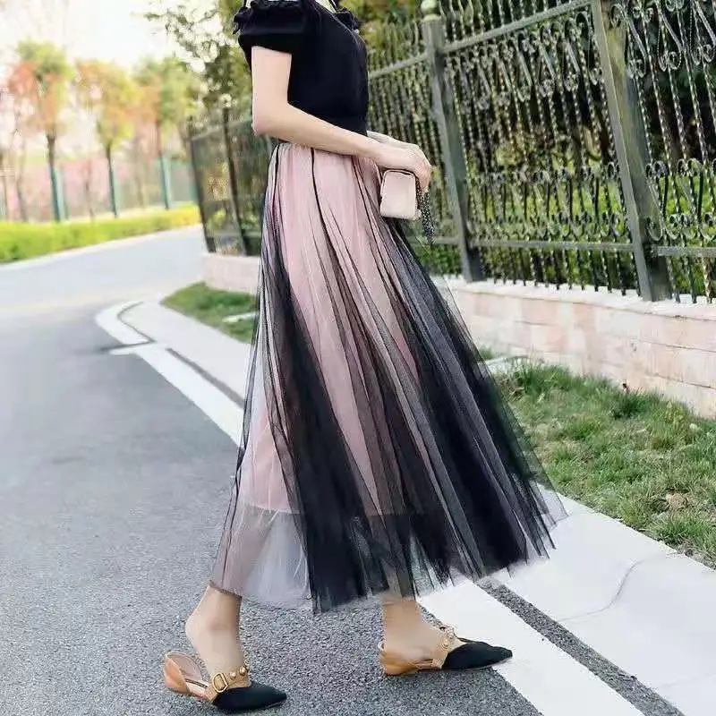 2022 Spring Summer New Vintage Office Lady Tulle A-line Skirt Women Elastic High Waist Mesh Pleated Long Skirt Female Streetwear