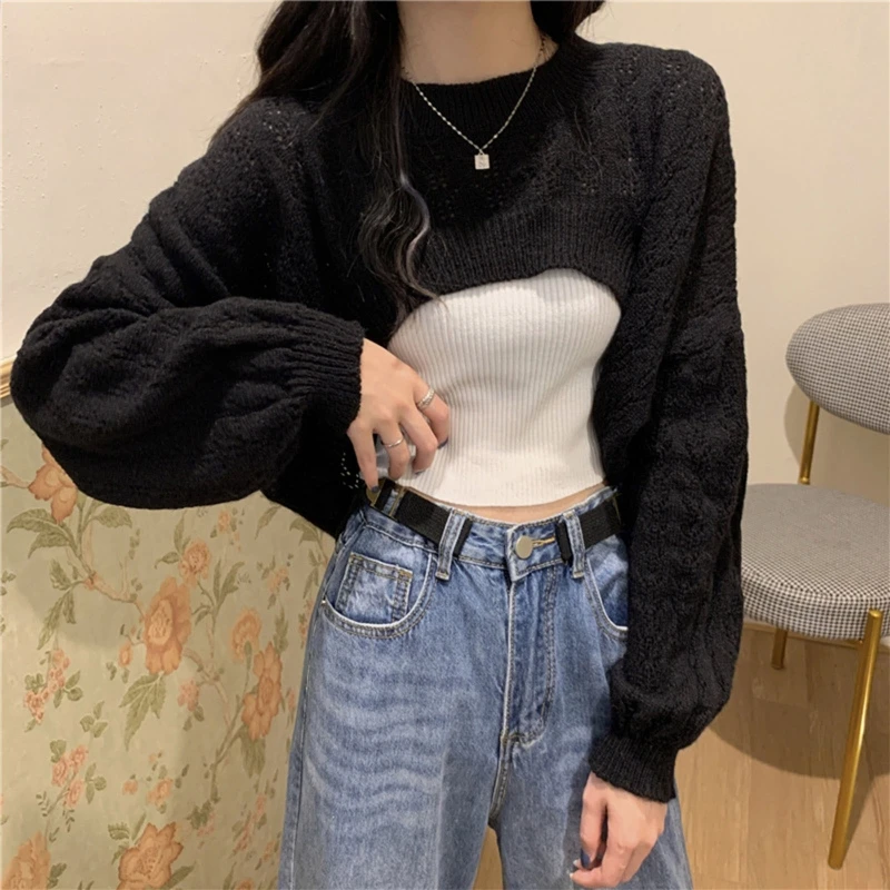 Women Knit Shrugs Cropped Sweaters Fashion Hollow out Loose Pullovers Stylish Long Sleeves Cover Ups All-match Blouse Tops