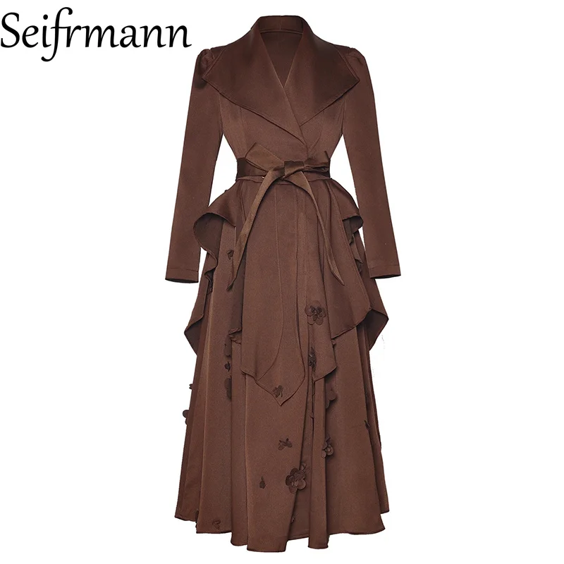 Seifrmann 2026 Spring Women's New Fashionable Collar Long Sleeve Ruffle Three Dimensional Flower Lace Windbreaker