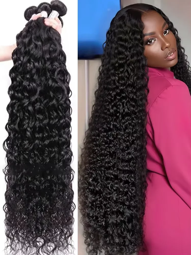 Пучки человеческих волос с глубокими волнами 30, 32 дюйма, 3, 4 пучка, девственные необработанные бразильские вьющиеся волосы, 100% наращивание человеческих волос