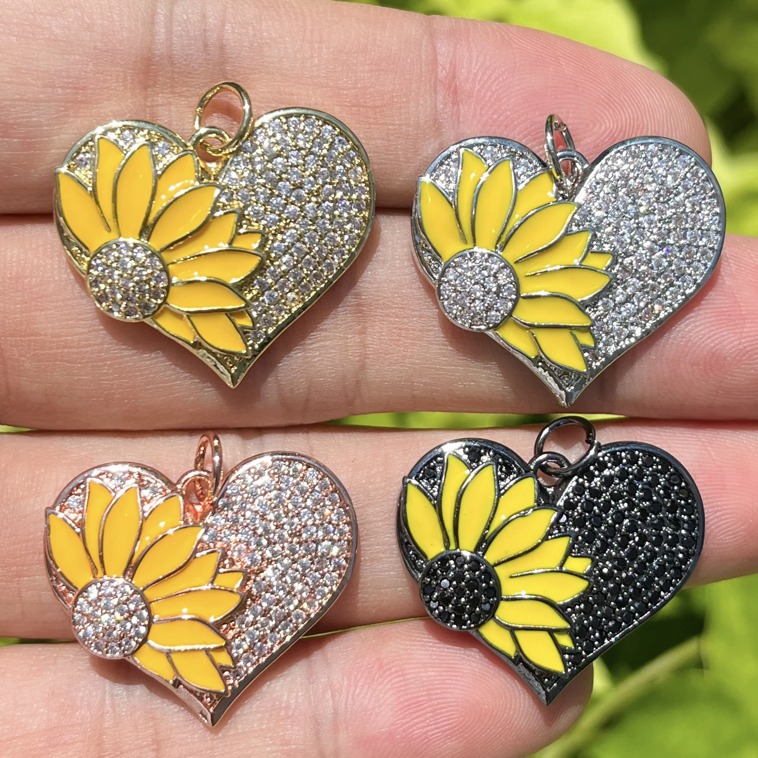 

5Pcs Heart Sunflower Charm Cubic Zirconia Paved Enamel Pendant For Woman Fashion Handmake Jewelry Necklace Accessories