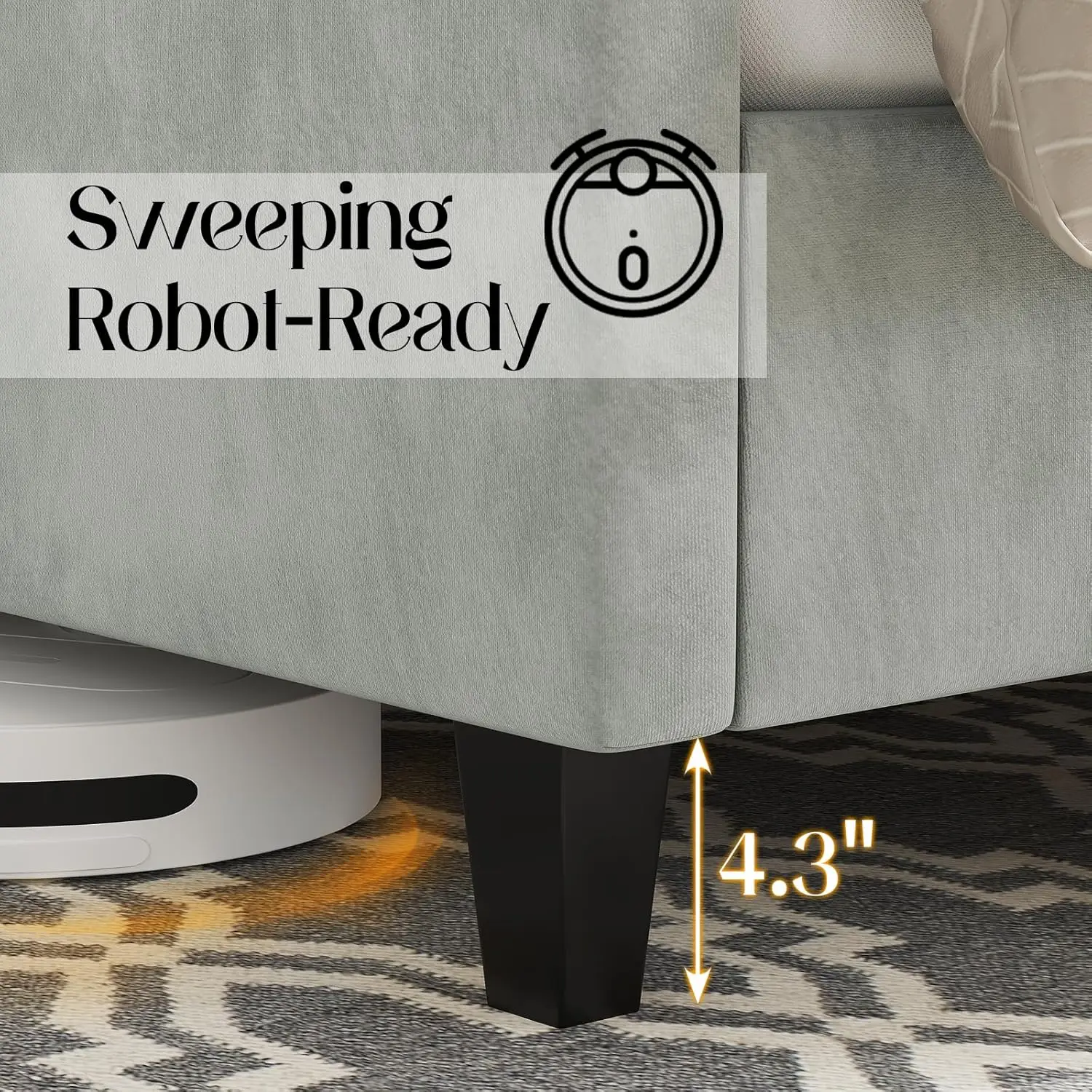 إطار سرير بمنصة بحجم كوين، سرير منجد مخملي مع لوح رأسي على شكل جناح خلفي بطول 51.6 بوصة، معنقدة بزر، رمادي فاتح #5