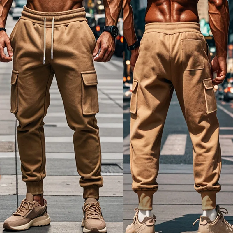 New Men Casual Sports Drawstring Spliced Cargo Pants Sheath Pencil Pants Ankle Length Pant Spring Skinny Patchwork Pockets Male