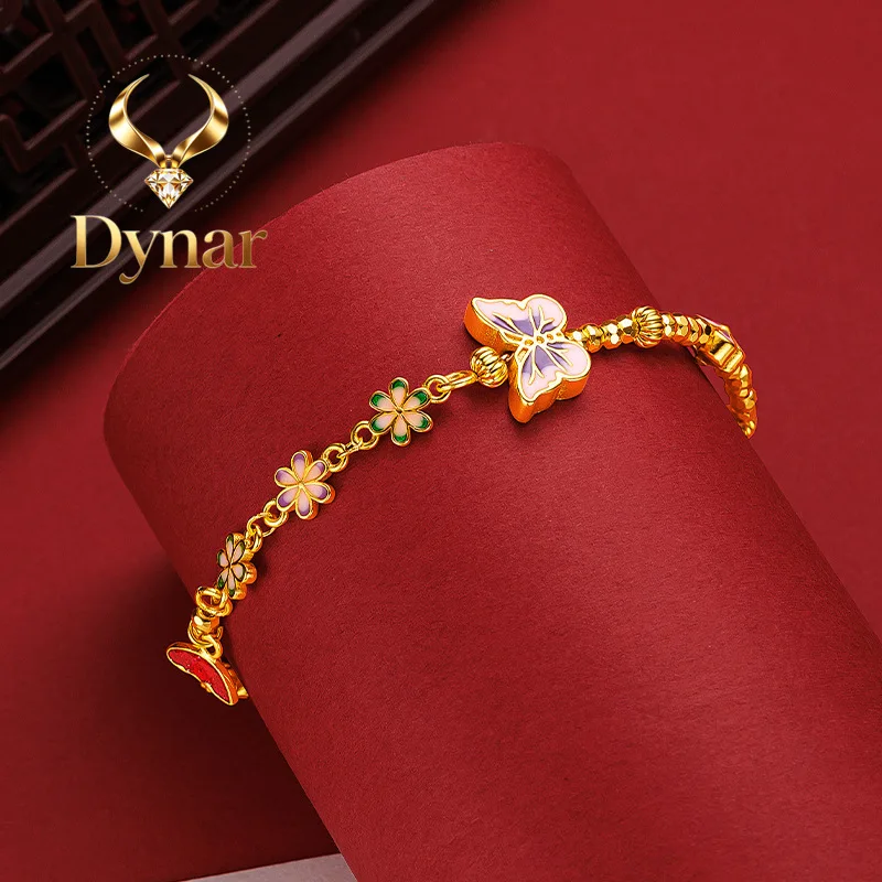 Dynar Jewelry  9999 24K genuine gold design with a fiery blue butterfly flower, light luxury and sparkling bouncing Di bead butt