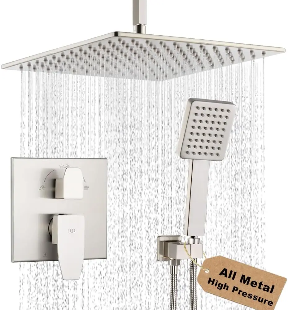 

12 Inch Ceiling Mount Rain Shower Faucet Set Brushed Nickel Rainfall Shower Head with Handheld and Valve Trim Kit