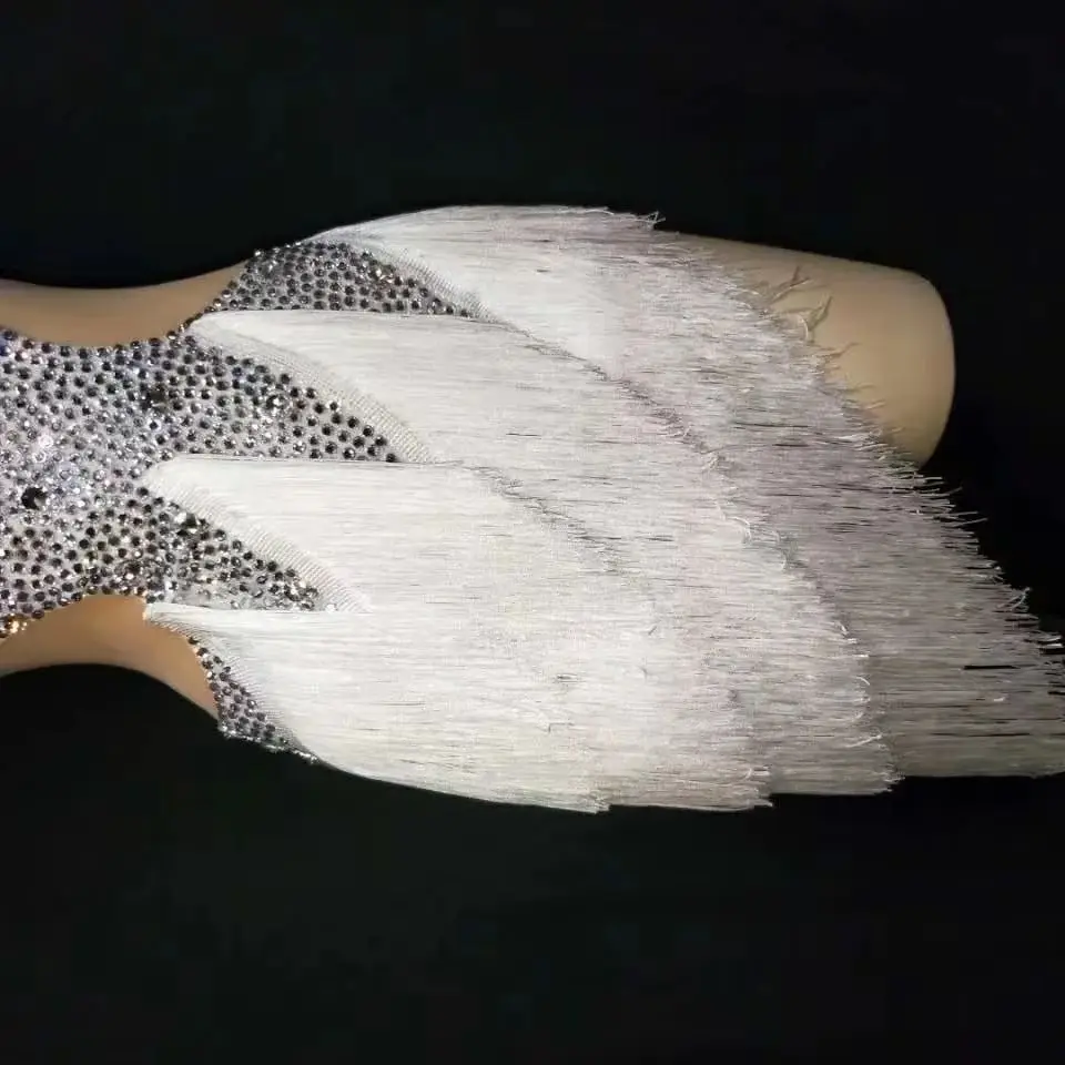 Women Ballroom Dance Competition Birthday Celebrate Party Drag Queen Outfit Sparkly Rhinestones White Fringe Tassel Short Dress