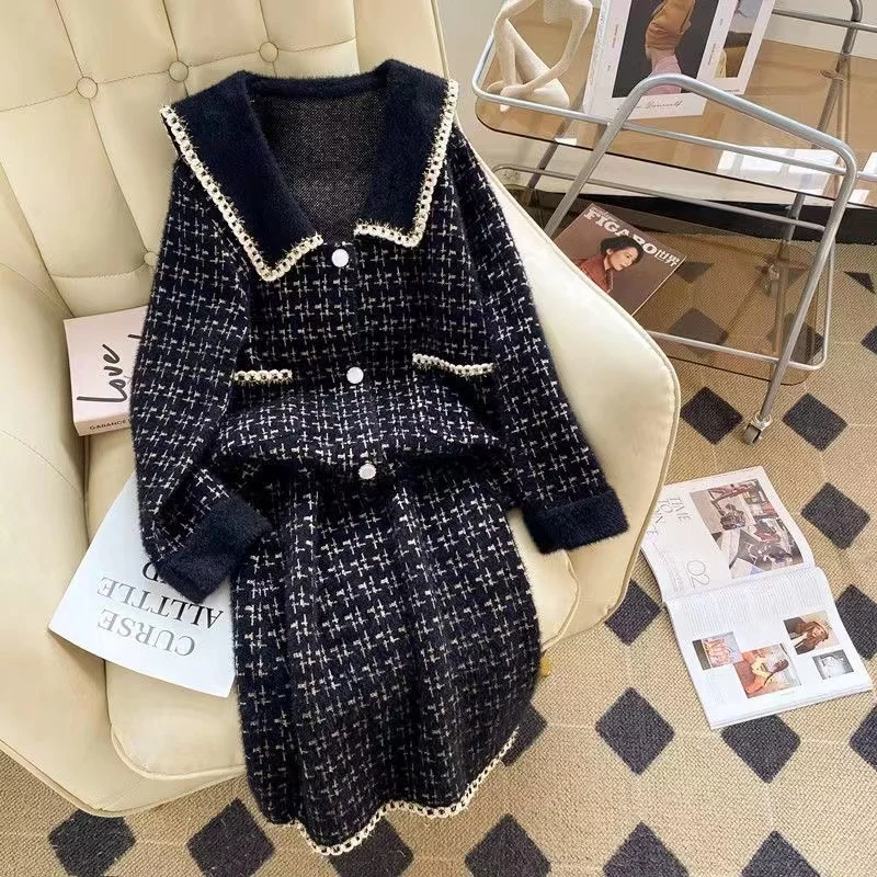 

Women Vintage Jacquard Knitted Suit Jacket Coat Top And A Line Skirt Two Piece Set Matching Outfit Winter Formal Party Clothing