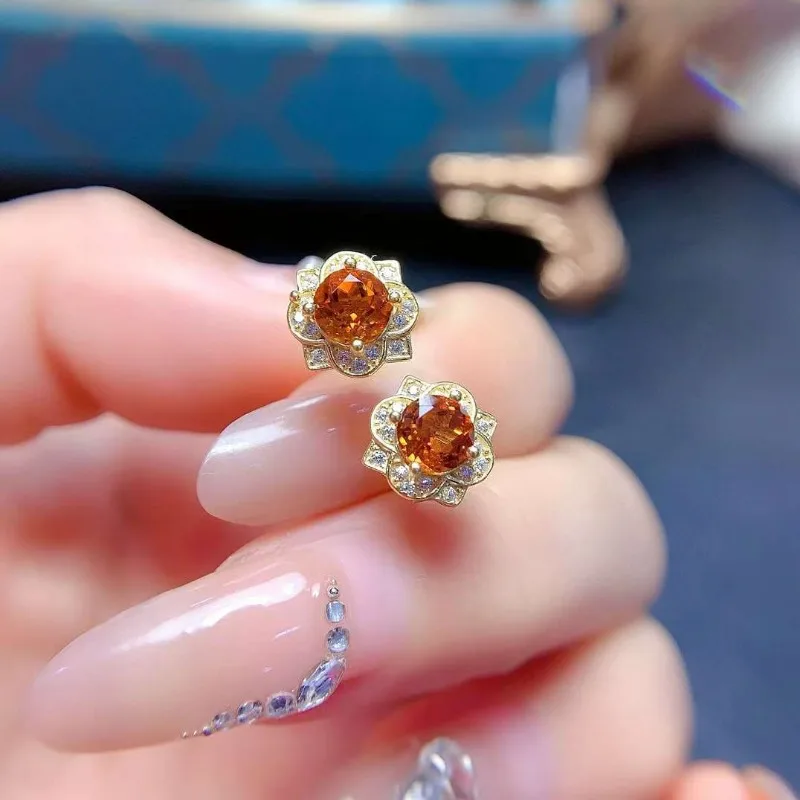 New Natural Citrine Gemstone Jewelry Studs Earring  925 Pure Silver 5mm Suit Wedding Jewelry for Women