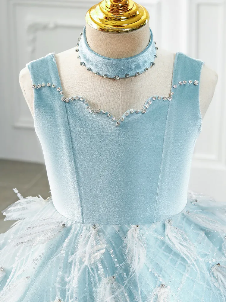 Custom Flower Girl Dress Velvet Tulle Ball Gown With Feather Applique For Wedding Bridesmaid Birthday Party Pageant Formal Kids