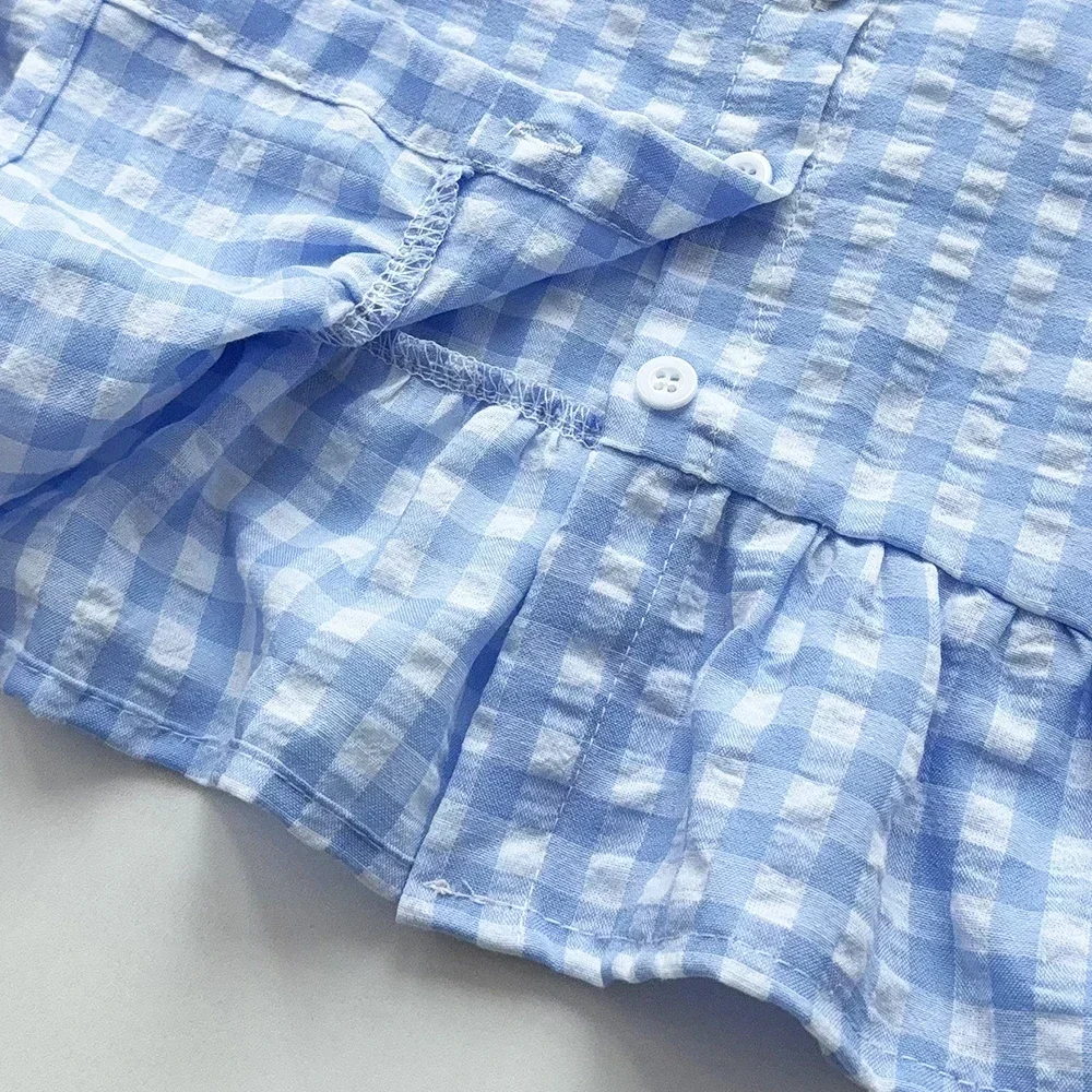 Blue and White Grid Fresh Casual Girls' Clothing Lace Sleeveless Single Breasted Vest+wide Leg Pants Two-piece Set for Summer image 4
