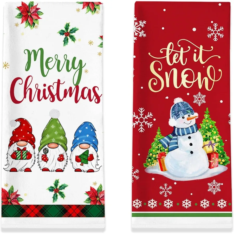 

Christmas Kitchen Towels Merry Christmas Towels Set of 2 Snowman Gnomes Red Black Buffalo Plaid Hand Dish Tea Towels for Bathro