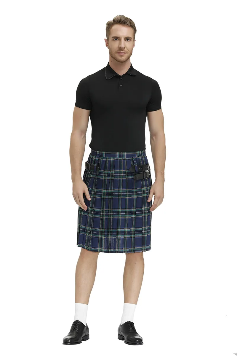 Men Scotland Kilt Traditional Plaid Belt Pleated Bilateral Chain Gothic Punk Hip-hop Avant Garde Scottish Tartan Trousers Skirts