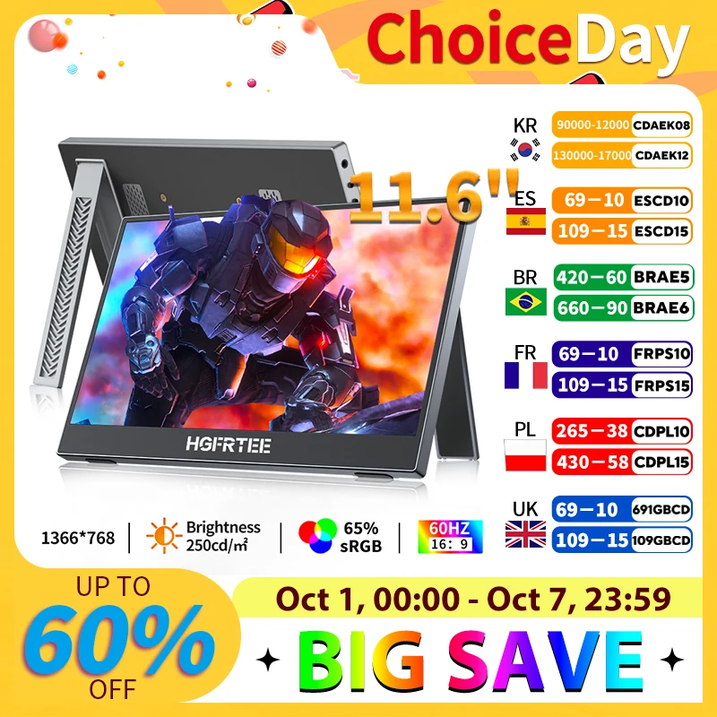 Portable Monitor 11.6-inch External Laptop Monitor 1366P with Built-in Speakers HDMI USB-C Port Display for Laptop PC Mac PS4/5