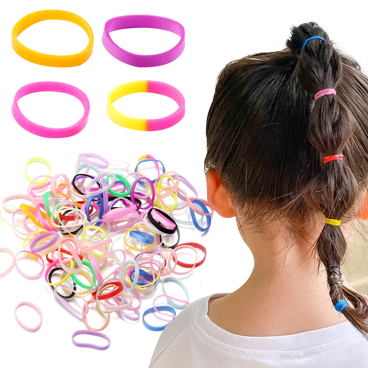 500/1000Pcs Plastic Hair Elastic Rope Colorful Rubber Band For DIY Craft Girl Ponytail Holder Accessories School Office Hair Tie