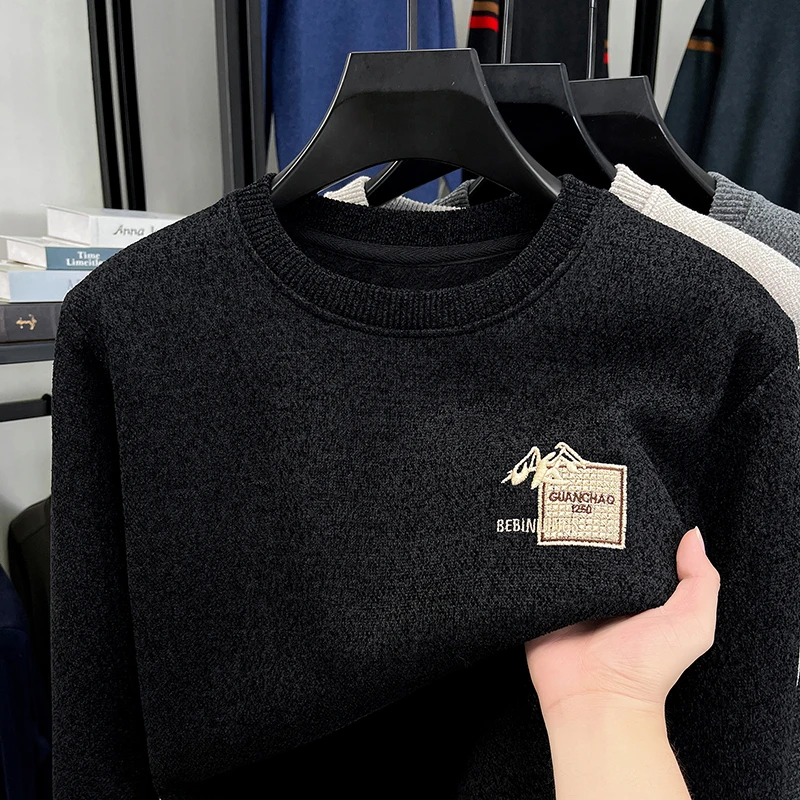 Designer Original Men's Fleece-Lined Thickened Knit Sweater Round Neck Long Sleeve Soft Warm Anti Pilling Casual Business Men's