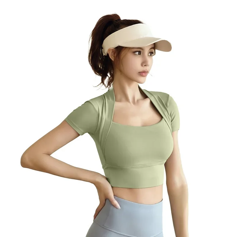 Shawl yoga short sleeve high elastic naked slimming yoga clothing top no bra fitness clothing