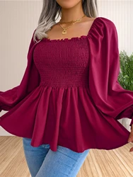 Women's Casual Long Sleeve Blouse Square Neck Smocked Ruffle Hem Slim Babydoll Shirt Tunics Tops