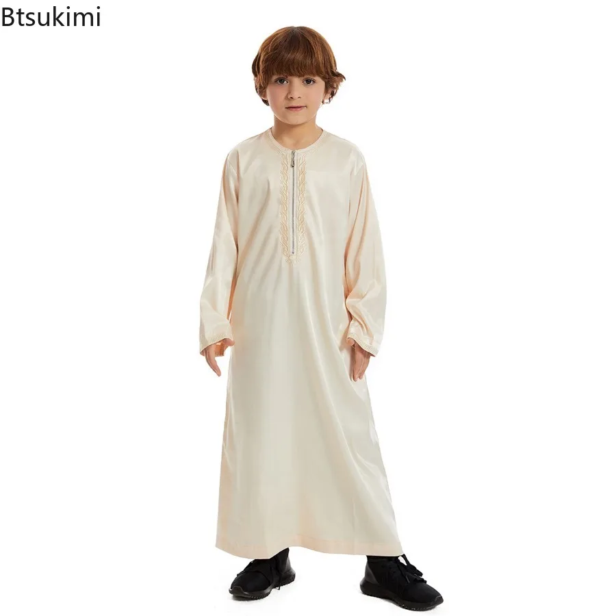 Boys Muslim Robe Middle East Arabic Long Sleeve O-neck Zipper Abayas with Pockets Embroidered Kaftan Kids Islamic Clothing Dress