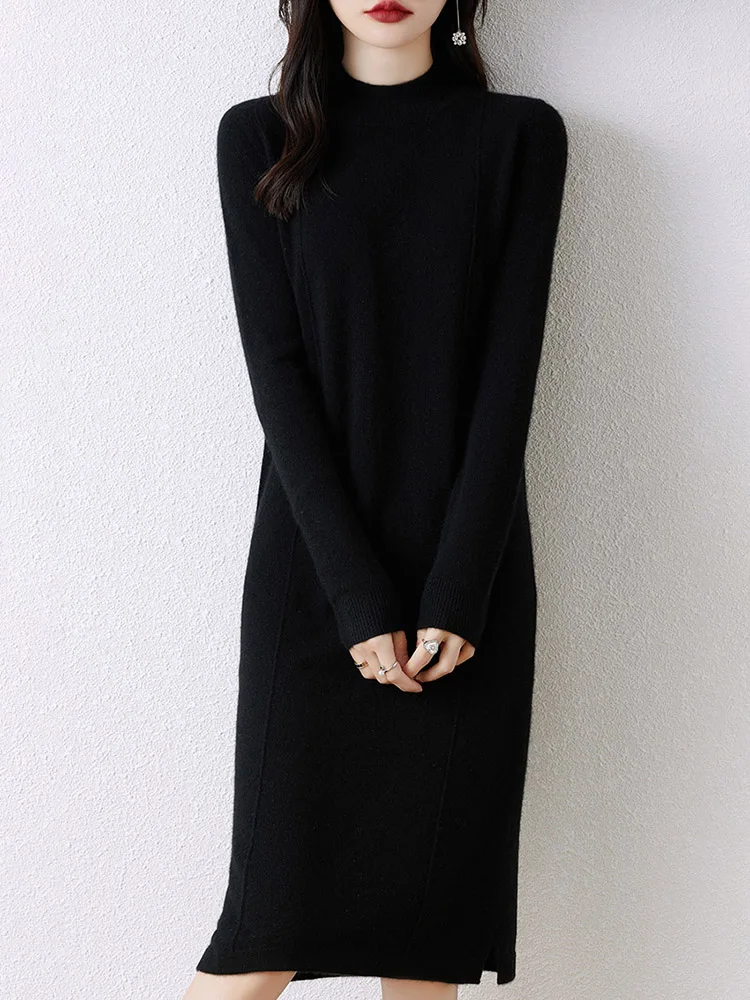 Women\'s Cashmere Sweater Dress, 100 Pure Wool, Long, Semi-Turtle Neck, Skirt, Loose, Autumn, Winter